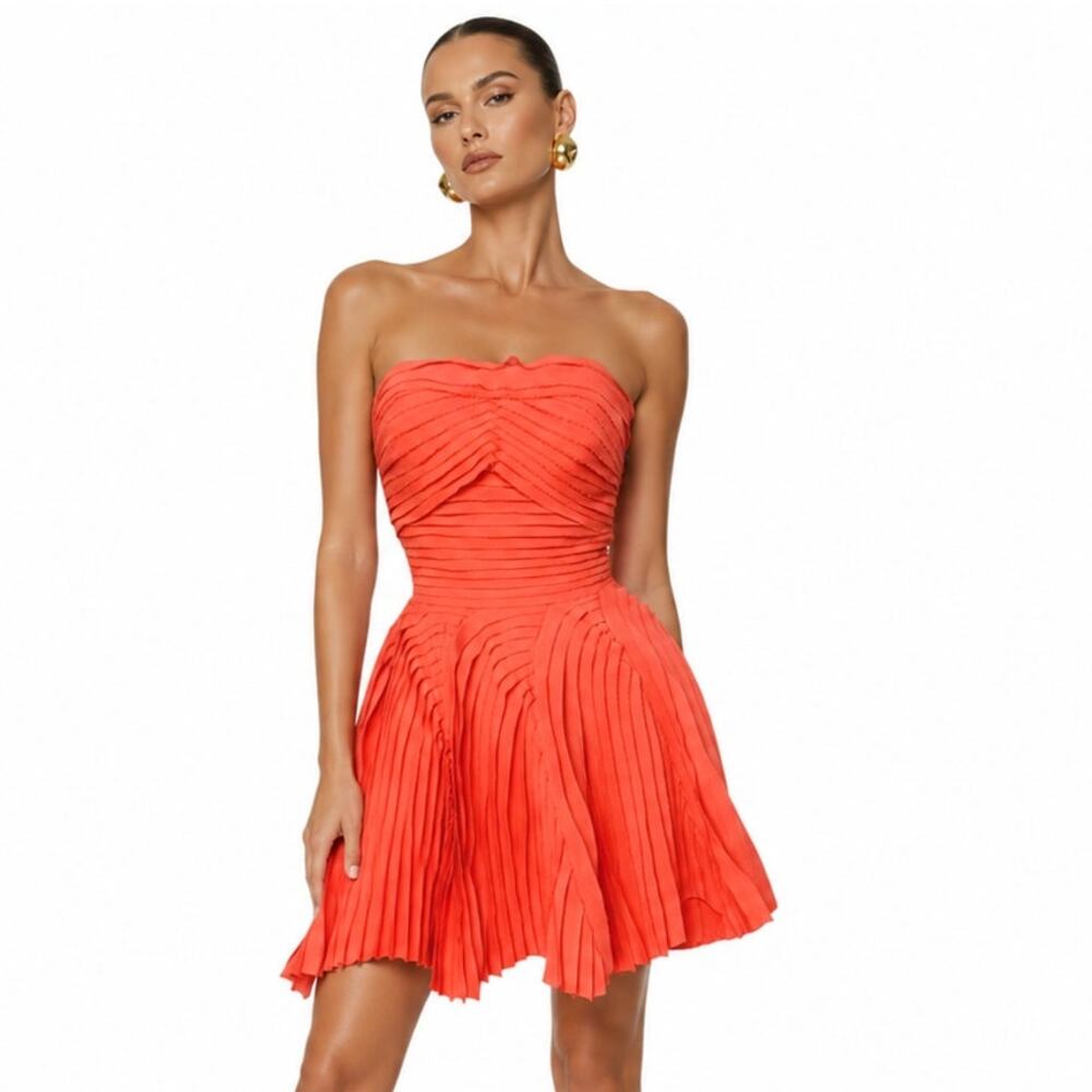 BEBE Vintage Strapless Pleated Chiffon Fit & Flair Coral Cocktail Dress  0P
